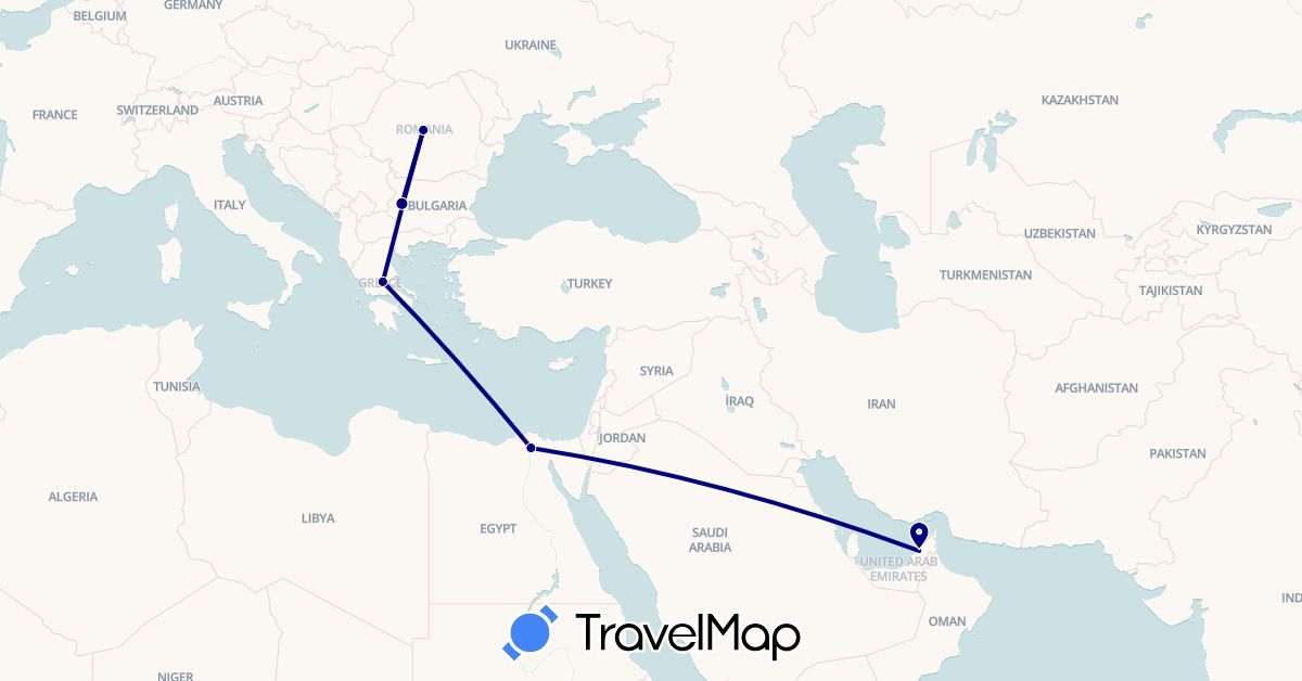 TravelMap itinerary: driving in United Arab Emirates, Bulgaria, Egypt, Greece, Romania (Africa, Asia, Europe)